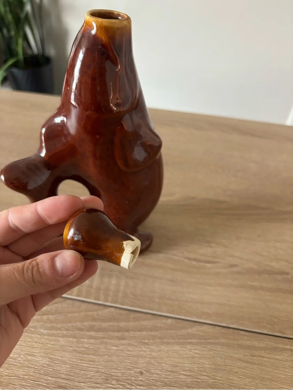 Vintage Handmade Brown Ceramic Fish Decanter with Stopper